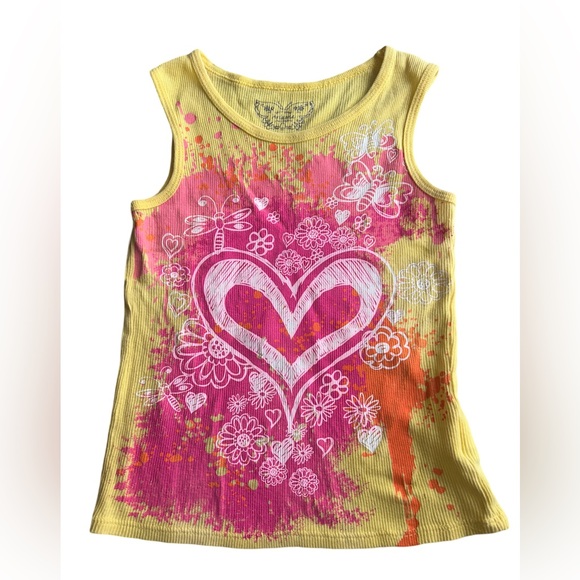 Vibrant Yellow Tank Top 5T Pink Heart Floral Design Sleeveless Casual Summer - Picture 1 of 2